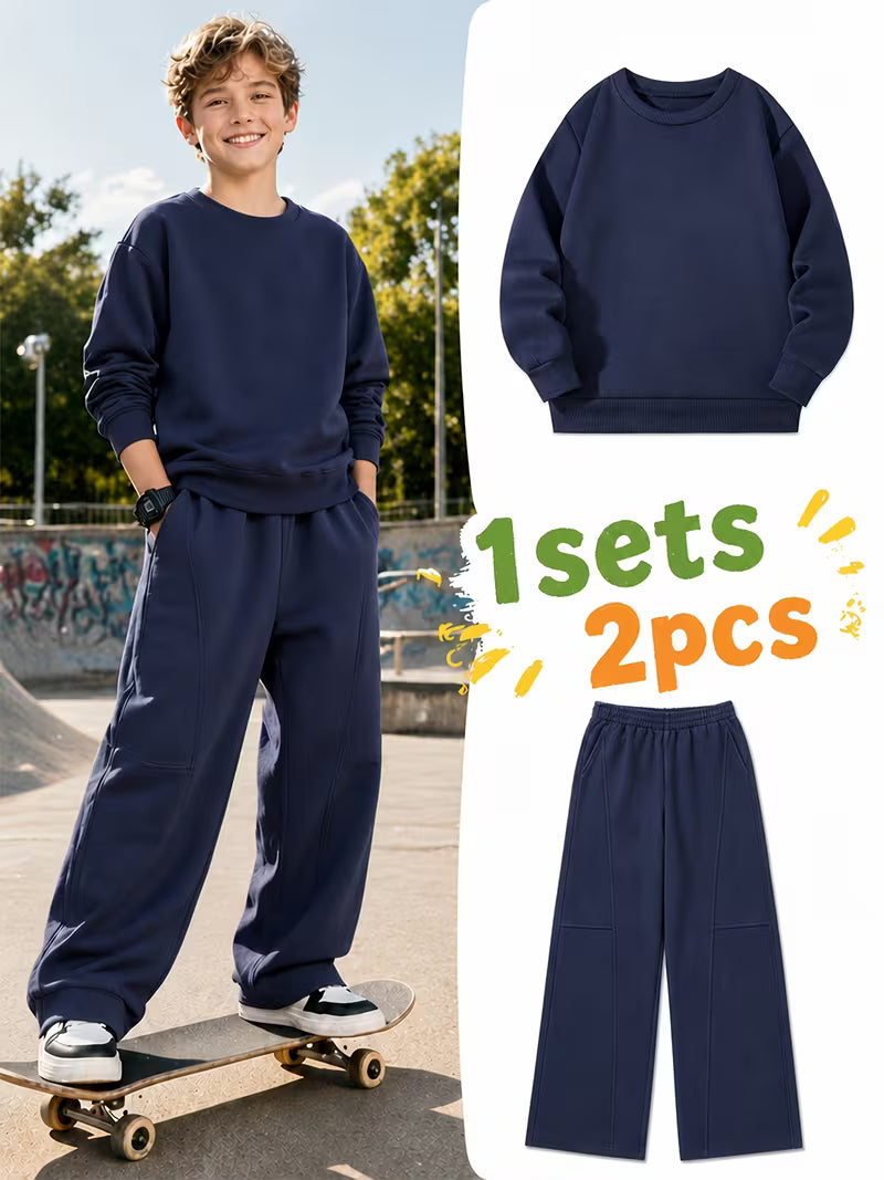 1set 2pcs this autumn winter boys casual outfit features neck sweatshirt and straight leg wide leg pants a stylish and look its suitable for school meals and outdoor