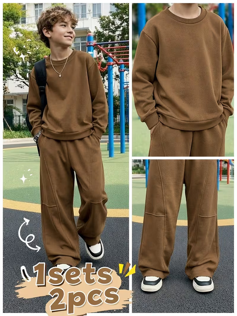 1set 2pcs this autumn winter boys casual outfit features neck sweatshirt and straight leg wide leg pants a stylish and look its suitable for school meals and outdoor 0