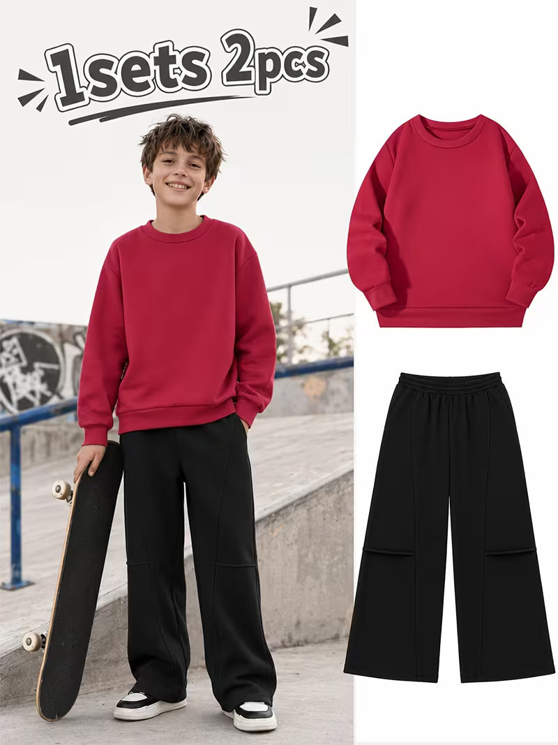 1set 2pcs this autumn winter boys casual outfit features neck sweatshirt and straight leg wide leg pants a stylish and look its suitable for school meals and outdoor red black 0