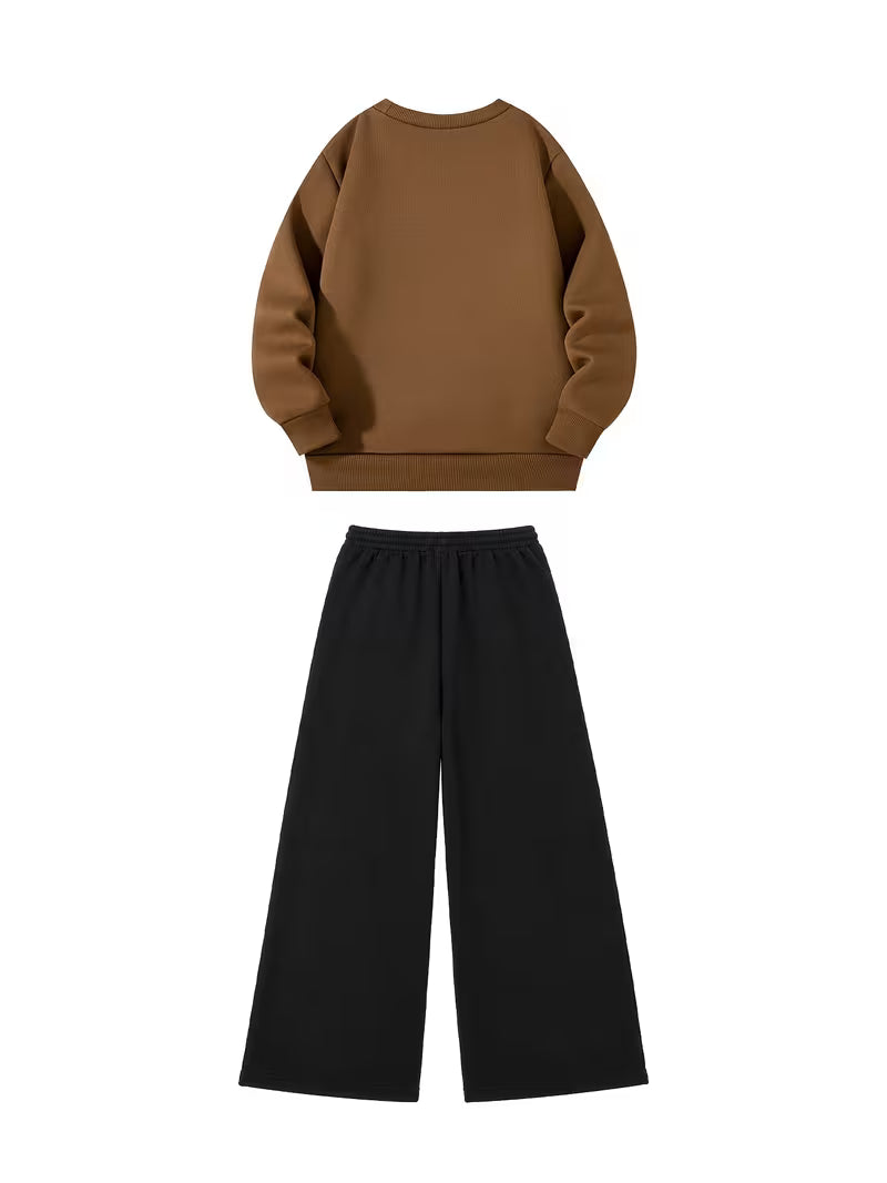1set 2pcs this autumn winter boys casual outfit features neck sweatshirt and straight leg wide leg pants a stylish and look its suitable for school meals and outdoor coffee color black 1