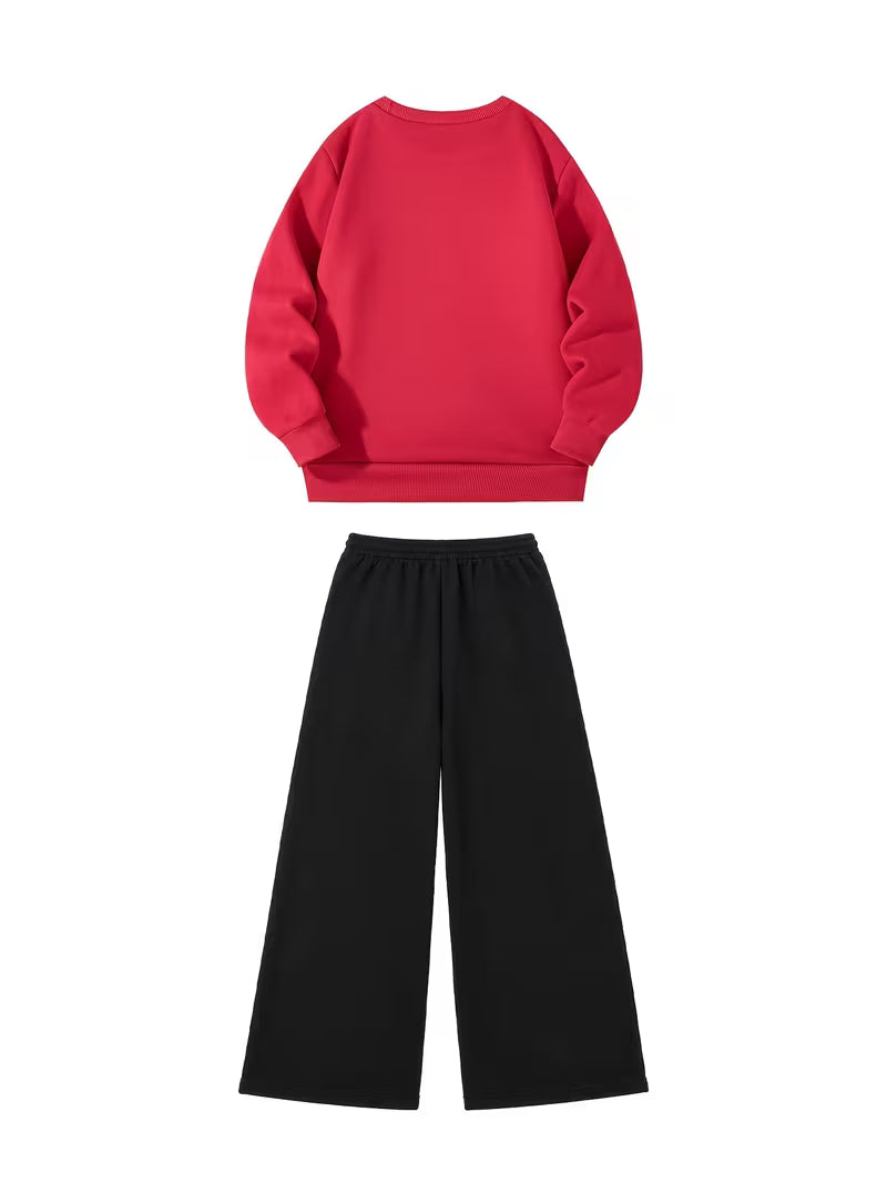 1set 2pcs this autumn winter boys casual outfit features neck sweatshirt and straight leg wide leg pants a stylish and look its suitable for school meals and outdoor red black 1