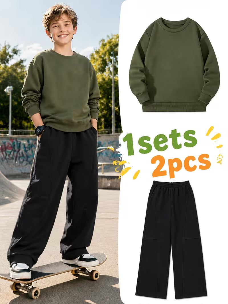 1set 2pcs this autumn winter boys casual outfit features neck sweatshirt and straight leg wide leg pants a stylish and look its suitable for school meals and outdoor