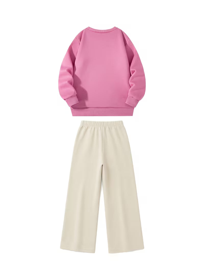 1set 2pcs this autumn winter boys casual outfit features neck sweatshirt and straight leg wide leg pants a stylish and look its suitable for school meals and outdoor pink khaki 1