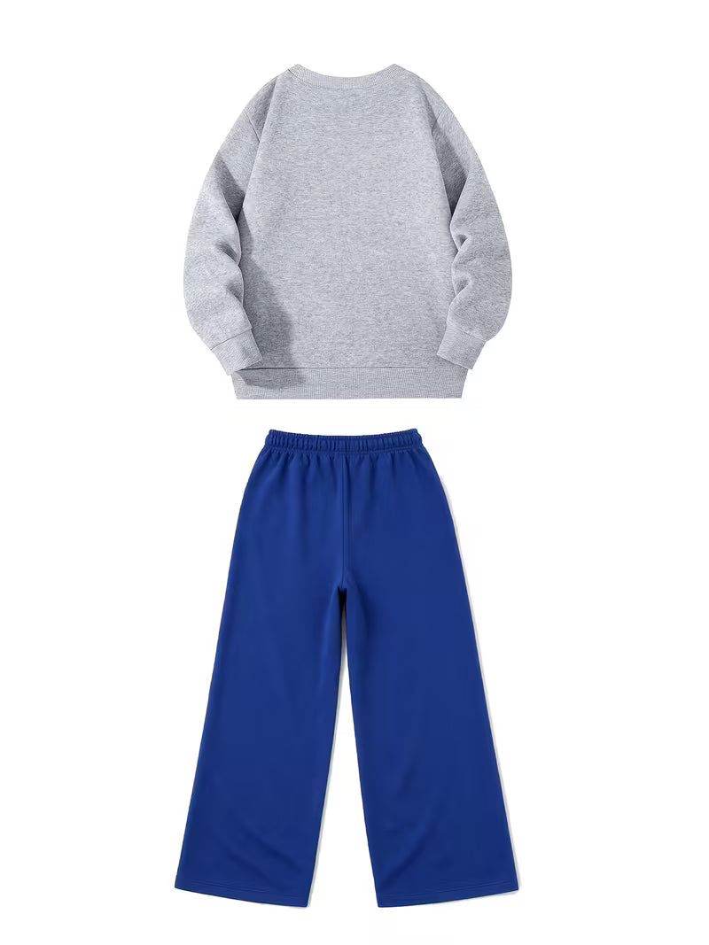 1set 2pcs this autumn winter boys casual outfit features neck sweatshirt and straight leg wide leg pants a stylish and look its suitable for school meals and outdoor light gray color blue 1