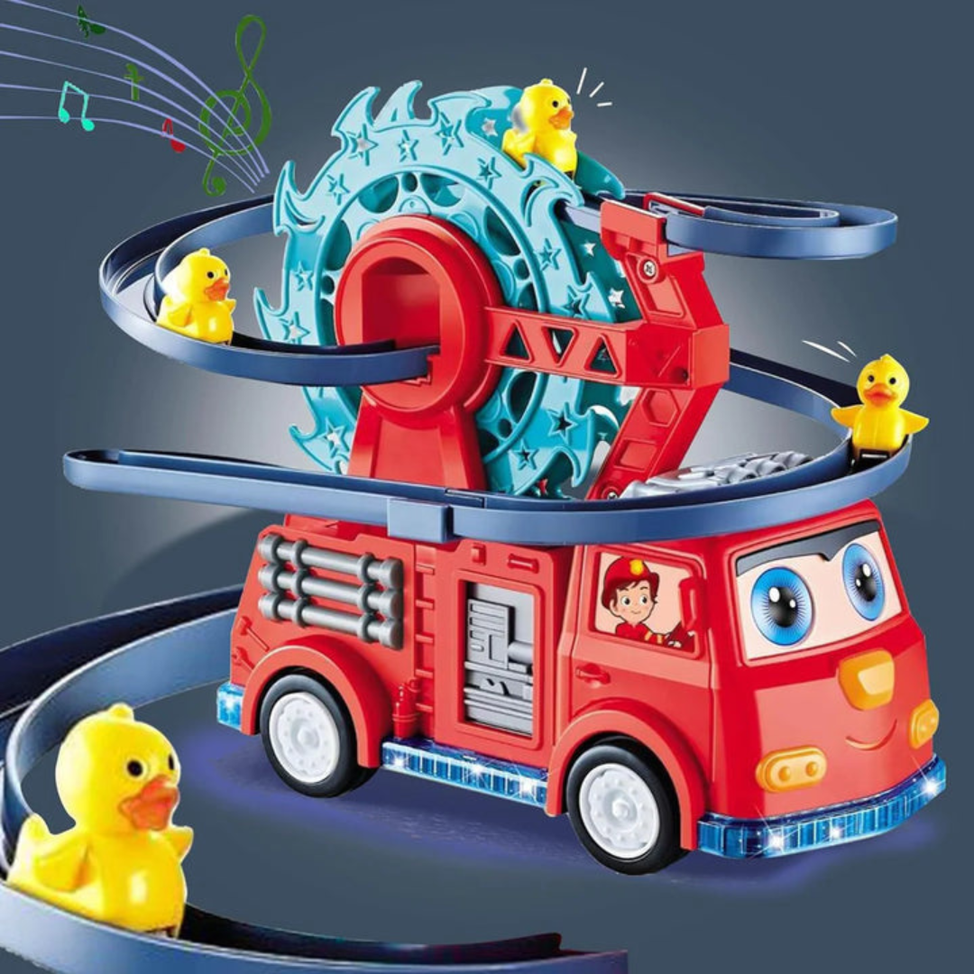 Firetruck Toys Fire Rail Car With Ducks Swivel Slide Wheels Flashing Colorful 4d Led Lights