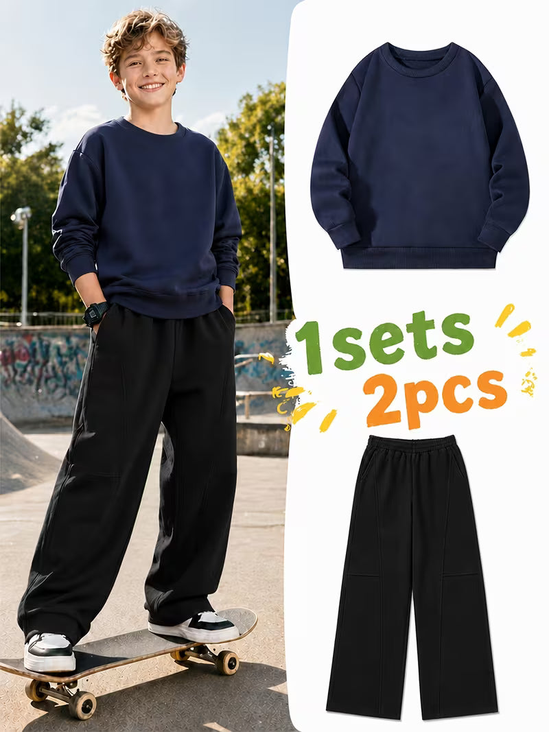 1set 2pcs this autumn winter boys casual outfit features neck sweatshirt and straight leg wide leg pants a stylish and look its suitable for school meals and outdoor navy blue black