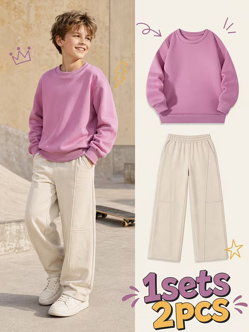 1set 2pcs this autumn winter boys casual outfit features neck sweatshirt and straight leg wide leg pants a stylish and look its suitable for school meals and outdoor pink khaki 0