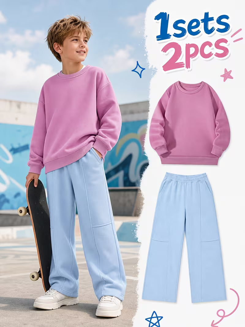 1set 2pcs this autumn winter boys casual outfit features neck sweatshirt and straight leg wide leg pants a stylish and look its suitable for school meals and outdoor blue 0