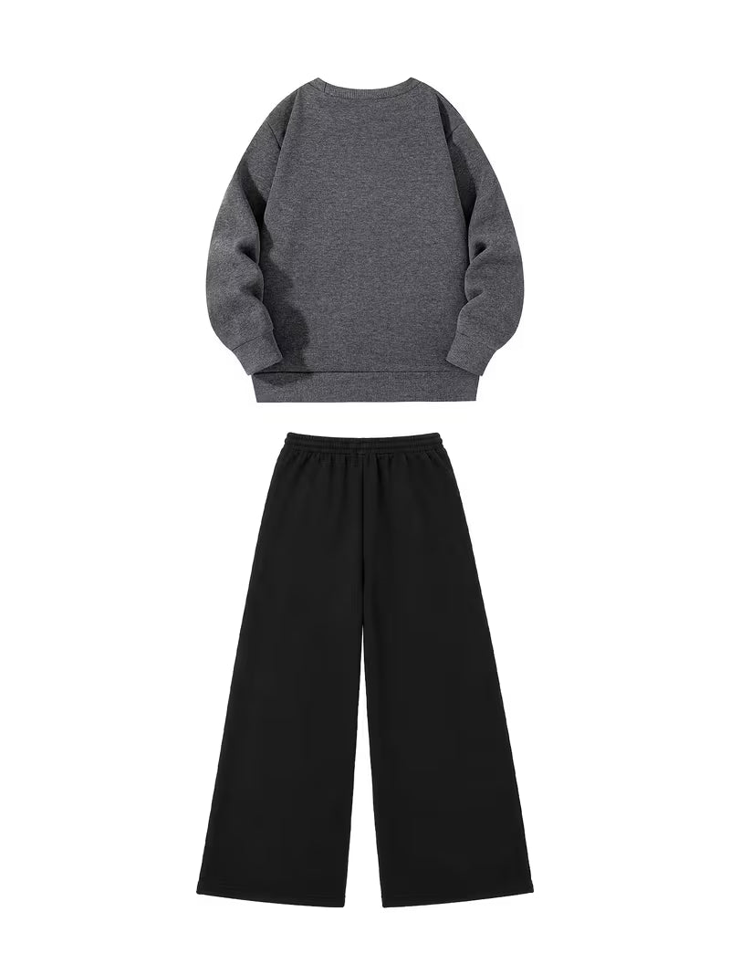 1set 2pcs this autumn winter boys casual outfit features neck sweatshirt and straight leg wide leg pants a stylish and look its suitable for school meals and outdoor dark grey black 1