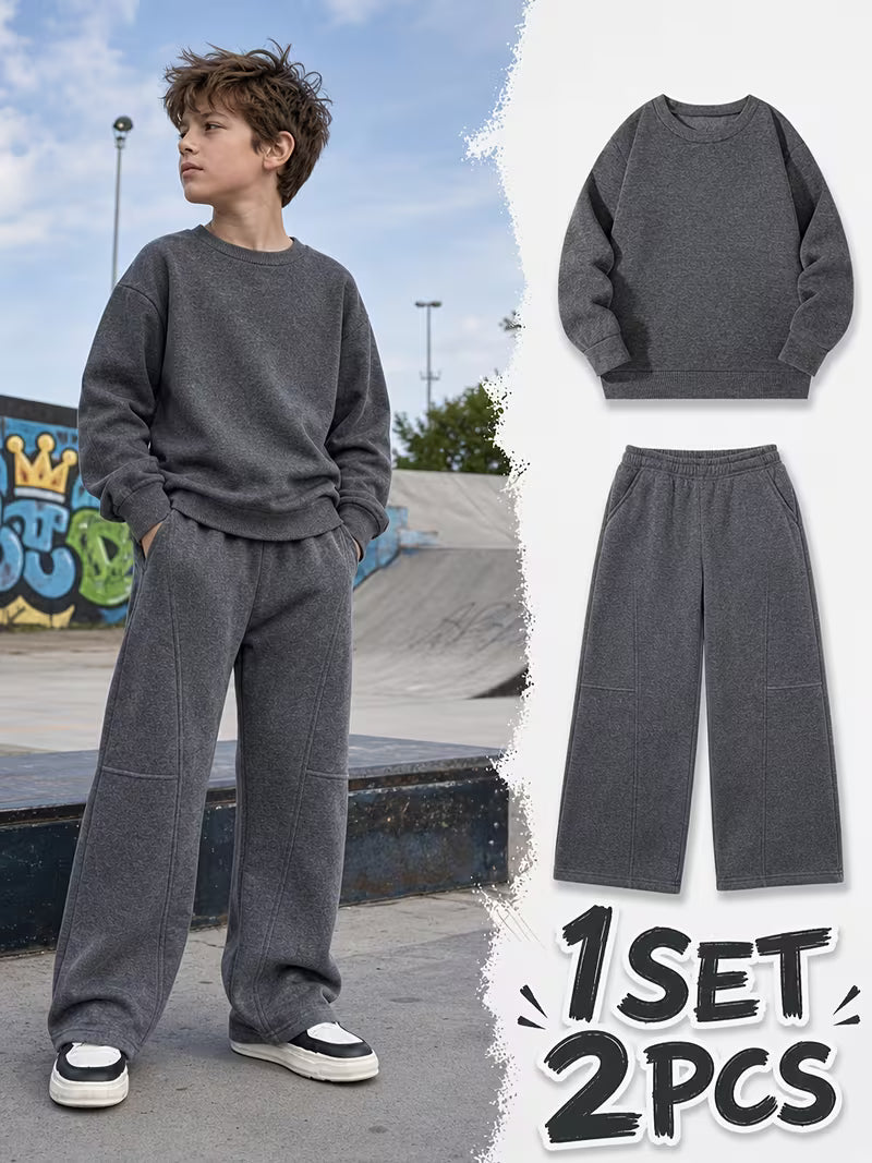 1set 2pcs this autumn winter boys casual outfit features neck sweatshirt and straight leg wide leg pants a stylish and look its suitable for school meals and outdoor dark gray 0