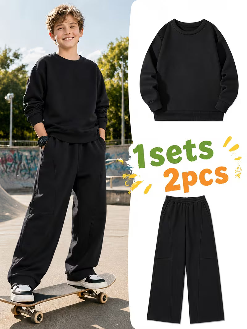 1set 2pcs this autumn winter boys casual outfit features neck sweatshirt and straight leg wide leg pants a stylish and look its suitable for school meals and outdoor black 0