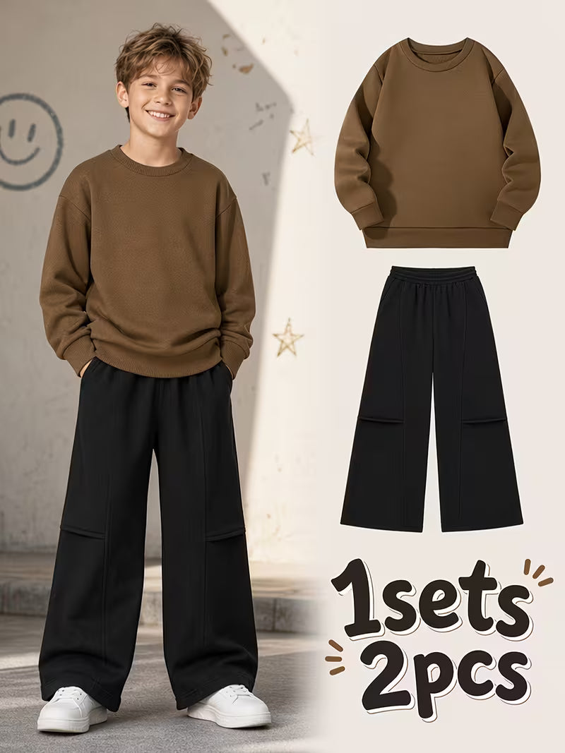 1set 2pcs this autumn winter boys casual outfit features neck sweatshirt and straight leg wide leg pants a stylish and look its suitable for school meals and outdoor coffee color black 0