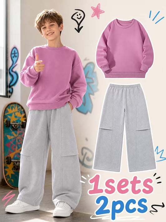 1set 2pcs this autumn winter boys casual outfit features neck sweatshirt and straight leg wide leg pants a stylish and look its suitable for school meals and outdoor gray 0