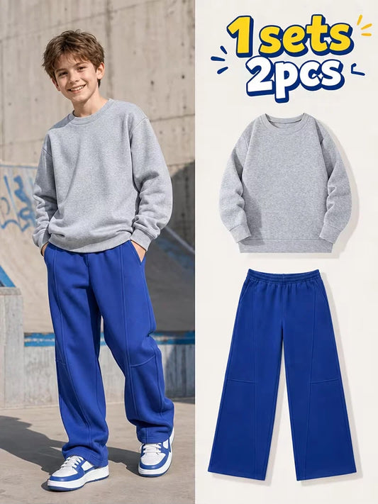 1set 2pcs, This Autumn/winter Boys' Casual Outfit Features a Crew Neck Sweatshirt and Straight-leg Wide-leg Pants, Creating a Stylish and Youthful Look. It's Suitable for School, Casual Dates, Meals, and Outings in the Park., Perfect for Outdoor