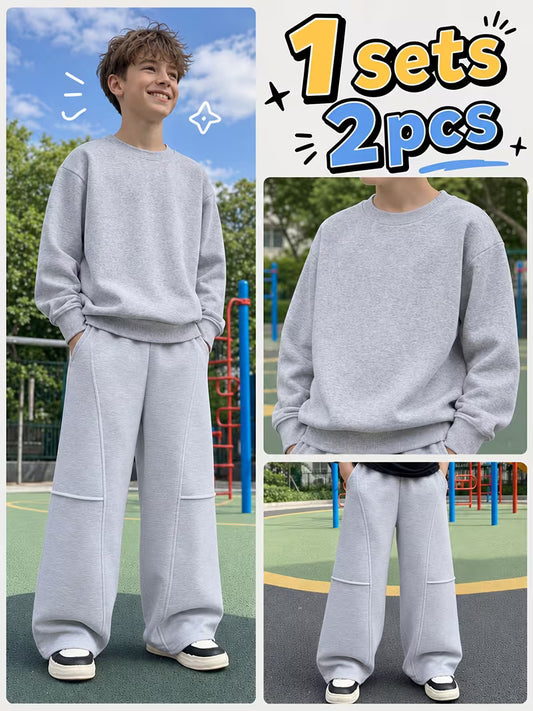 1set 2pcs this autumn winter boys casual outfit features neck sweatshirt and straight leg wide leg pants a stylish and look its suitable for school meals and outdoor light grey 0