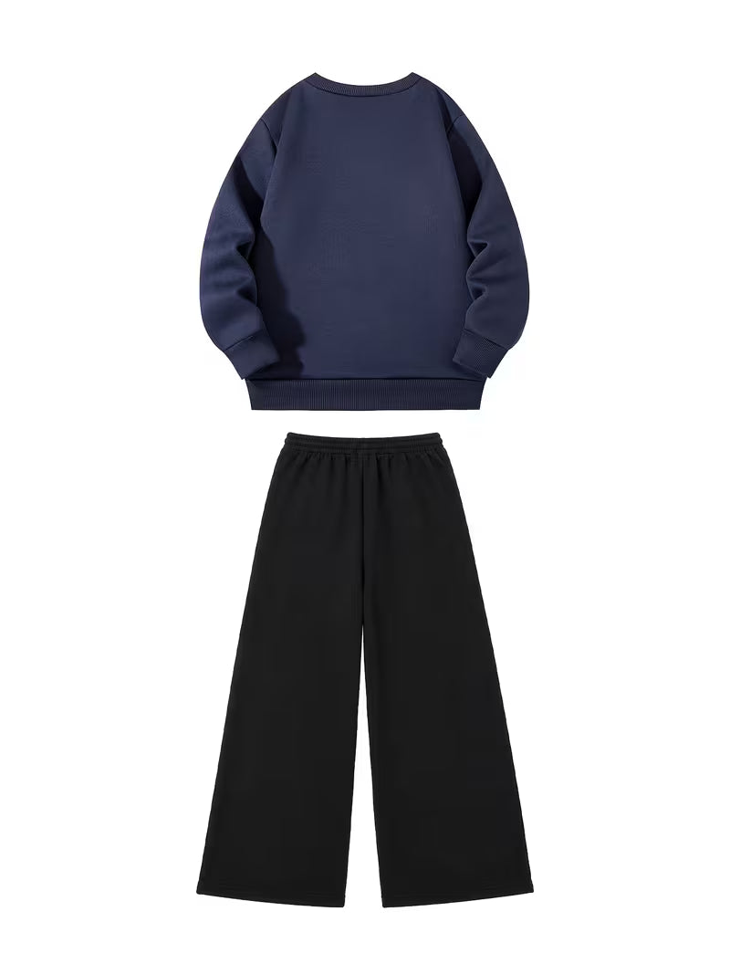 1set 2pcs this autumn winter boys casual outfit features neck sweatshirt and straight leg wide leg pants a stylish and look its suitable for school meals and outdoor navy blue black 1
