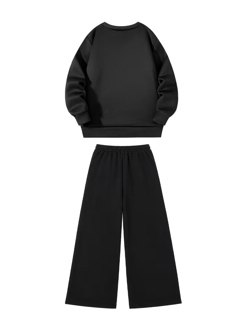 1set 2pcs this autumn winter boys casual outfit features neck sweatshirt and straight leg wide leg pants a stylish and look its suitable for school meals and outdoor black 1