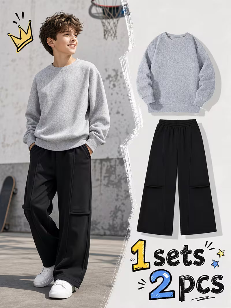 1set 2pcs this autumn winter boys casual outfit features neck sweatshirt and straight leg wide leg pants a stylish and look its suitable for school meals and outdoor