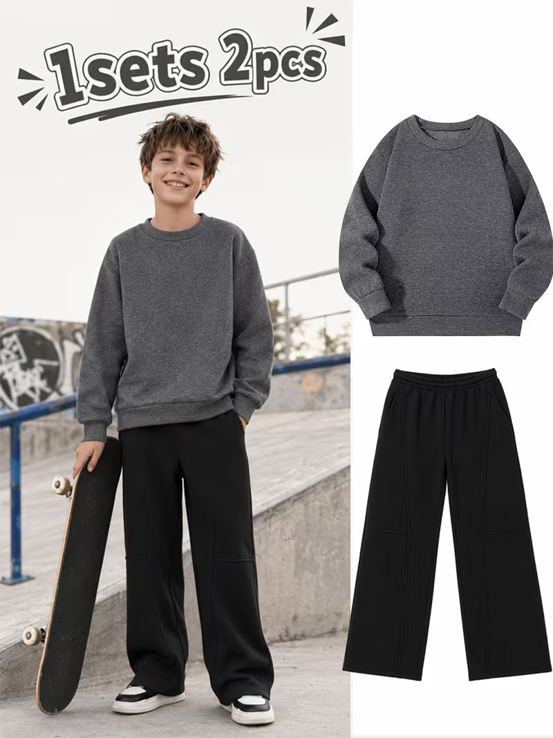 1set 2pcs this autumn winter boys casual outfit features neck sweatshirt and straight leg wide leg pants a stylish and look its suitable for school meals and outdoor dark grey black 0